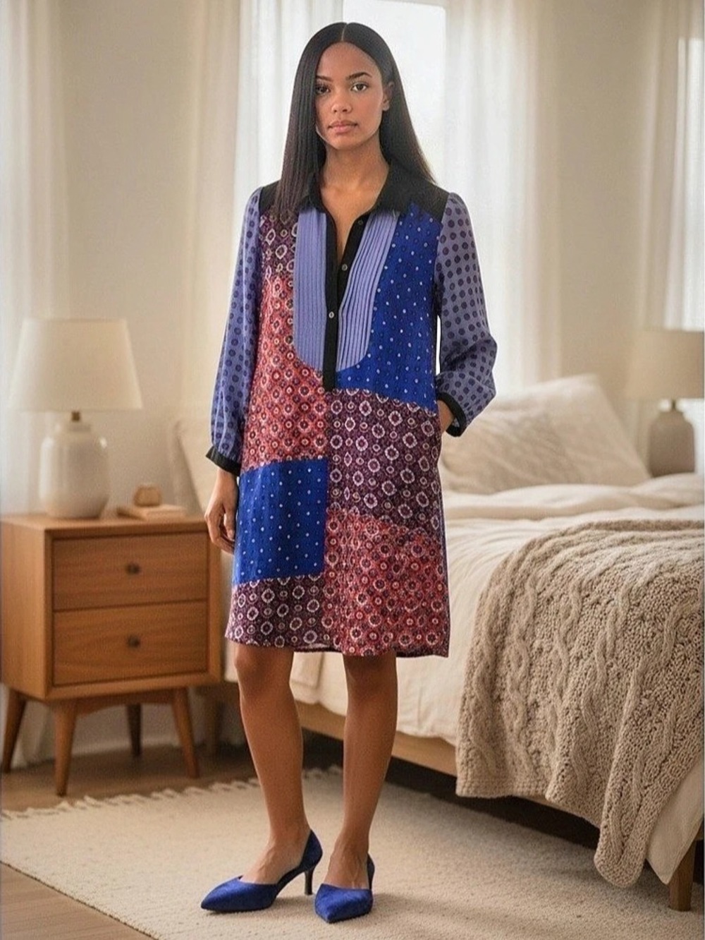 Moulinette Soeurs Geometric Silk Mini Dress in Blue & Red Size Medium